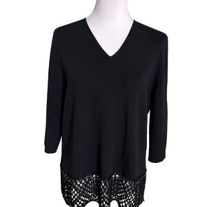 Joseph A Black V-Neck Sweater with Crochet Detail